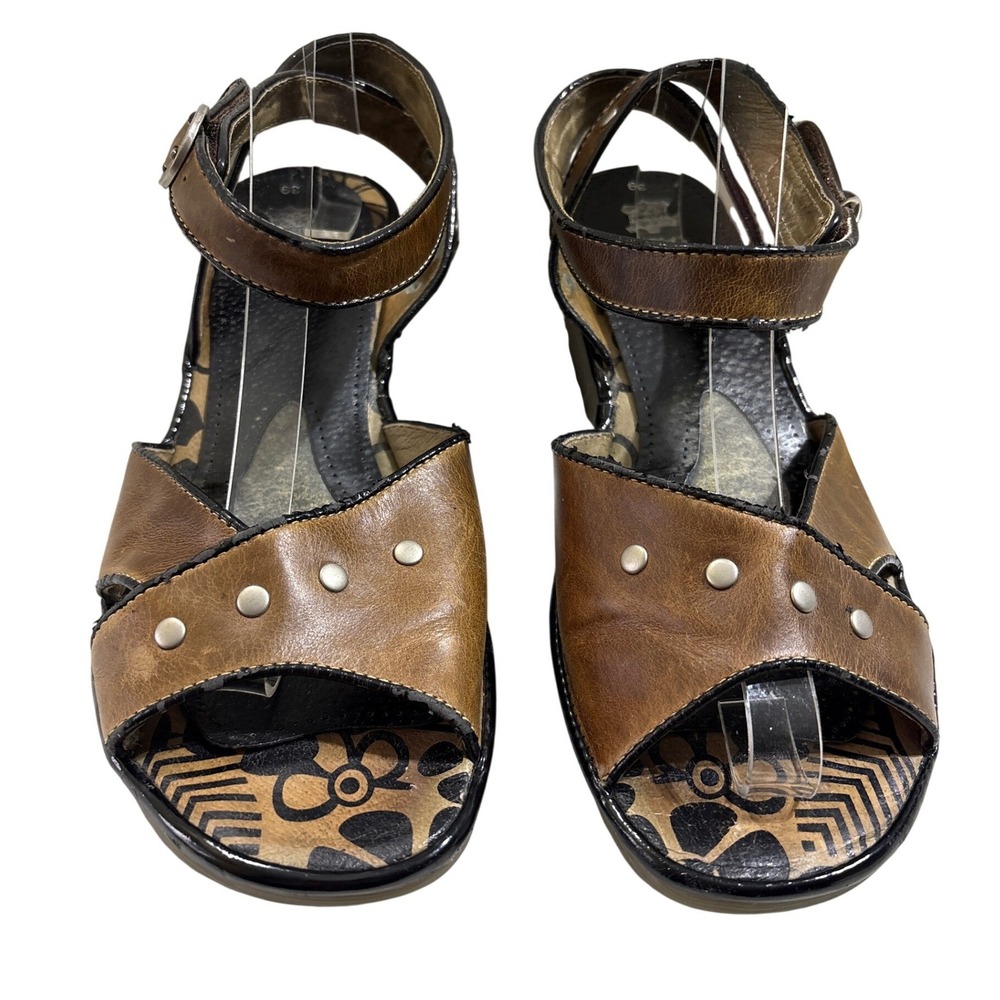 Fly London Brown‎ Leather Studded Wedge Sandals Ankle Strap P500547002 EU 39 40